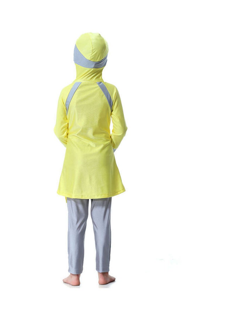 هانيميدو بدلة سباحة بأكمام طويلة وغطاء للرأس للحماية من الشمس بتصميم متحفظ للمسلمين أصفر - Image 2
