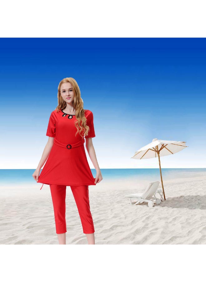 هانيميدو لباس سباحة بتصميم متحفظ للمسلمين للحماية من الشمس مكون من 3 قطع احمر - Image 5