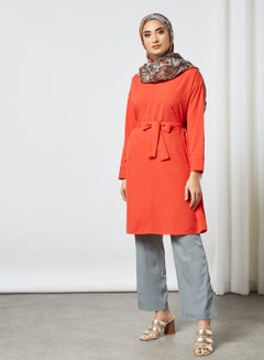 RAHA Self-Tie Long Sleeves Modest Tunic Red  - Image 2