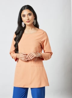RAHA Round Neck Long Sleeves With Side Pockets Modest Top Orange  - Image 1
