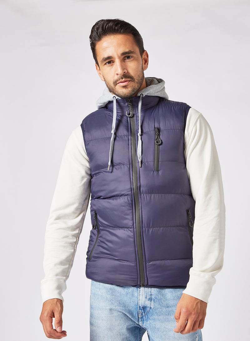 Athletiq - Men's Casual Contrast Hooded And Side Pockets Detail Puffer Vest Jacket Navy - Image 1
