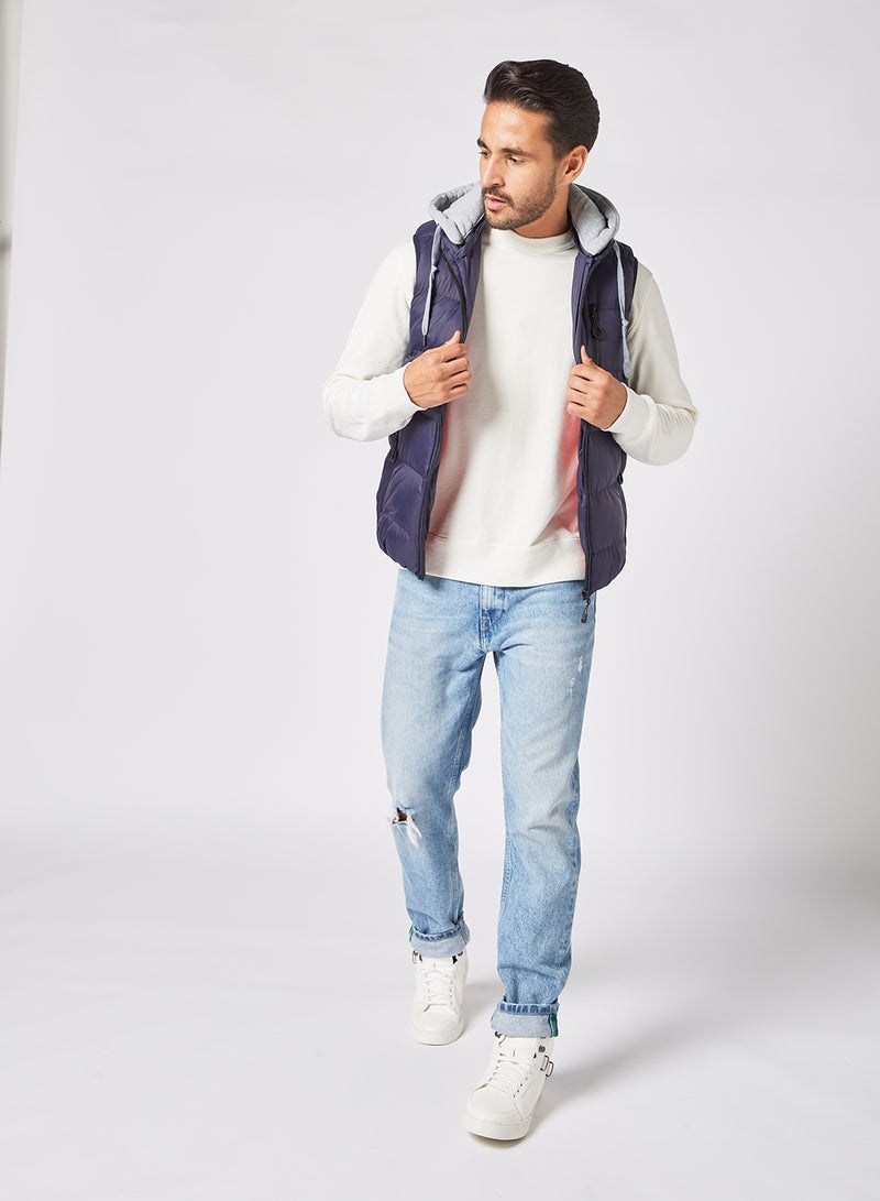 Athletiq - Men's Casual Contrast Hooded And Side Pockets Detail Puffer Vest Jacket Navy - Image 1
