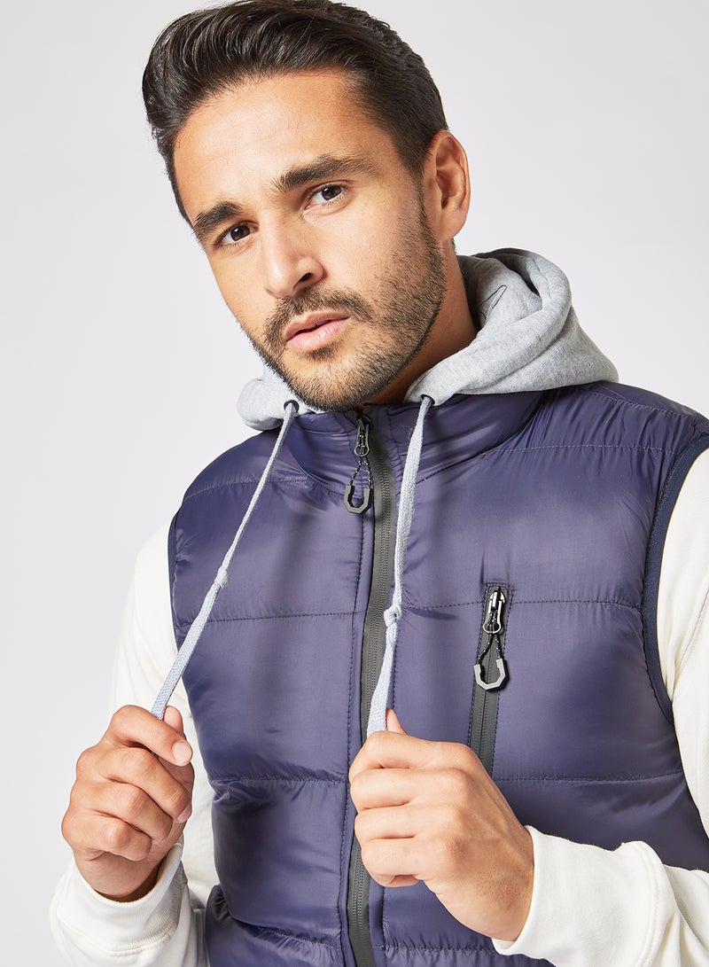 Athletiq - Men's Casual Contrast Hooded And Side Pockets Detail Puffer Vest Jacket Navy - Image 1
