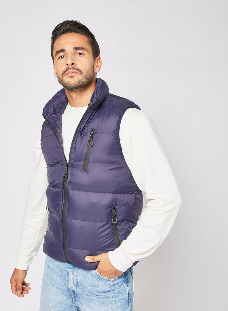 Athletiq - Men's Casual Contrast Hooded And Side Pockets Detail Puffer Vest Jacket Navy - Image 1