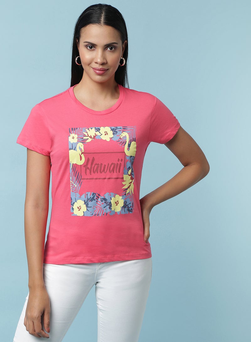 Aila Round Neck Printed T-Shirt Pink - Image 1