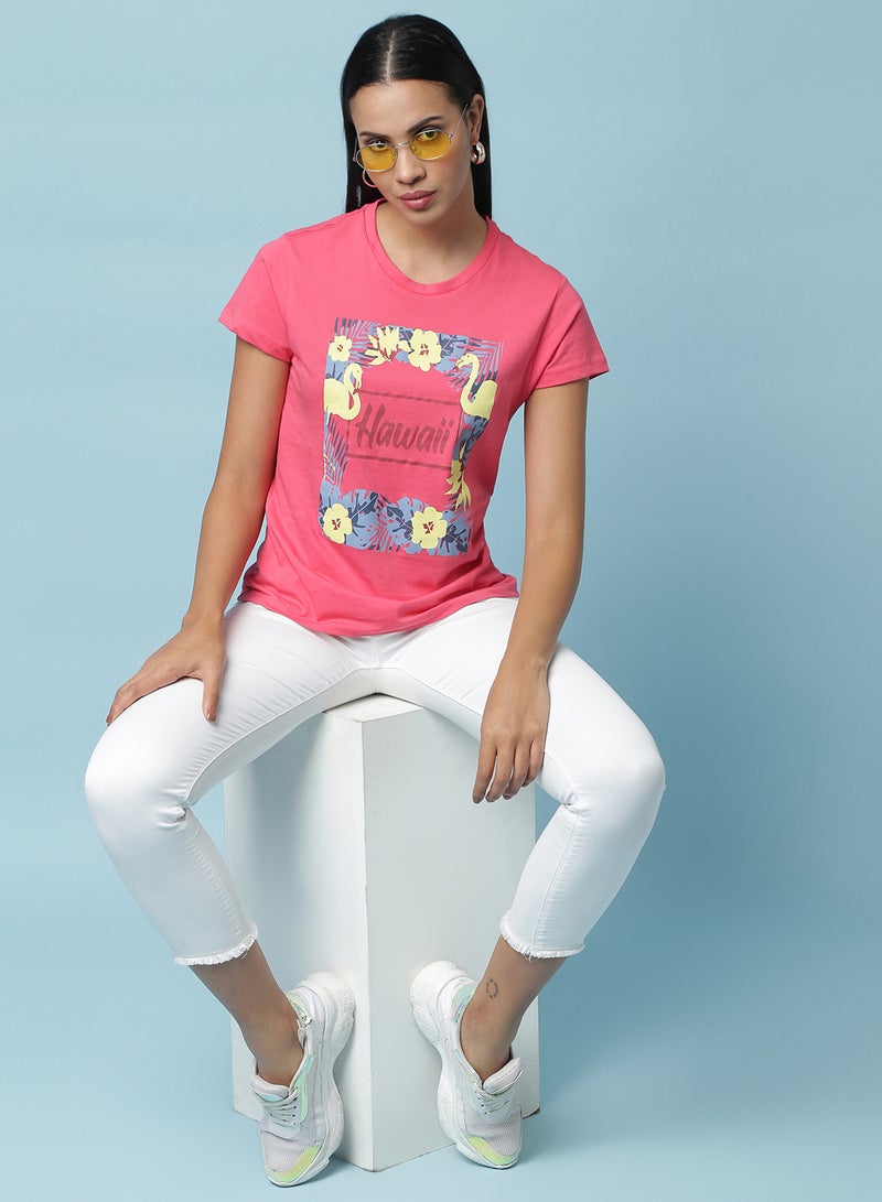 Aila Round Neck Printed T-Shirt Pink - Image 3