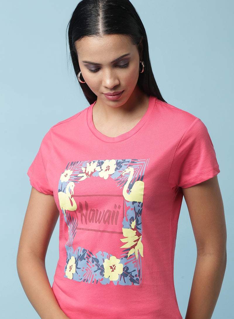 Aila Round Neck Printed T-Shirt Pink - Image 4