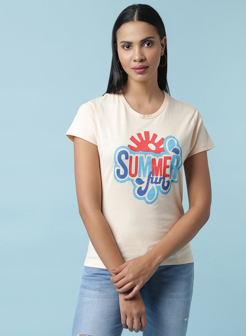 Aila Round Neck Printed T-Shirt Beige - Image 1