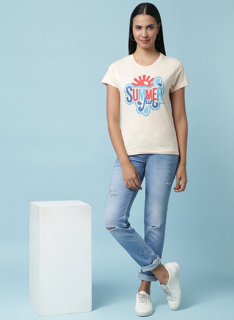 Aila Round Neck Printed T-Shirt Beige - Image 3