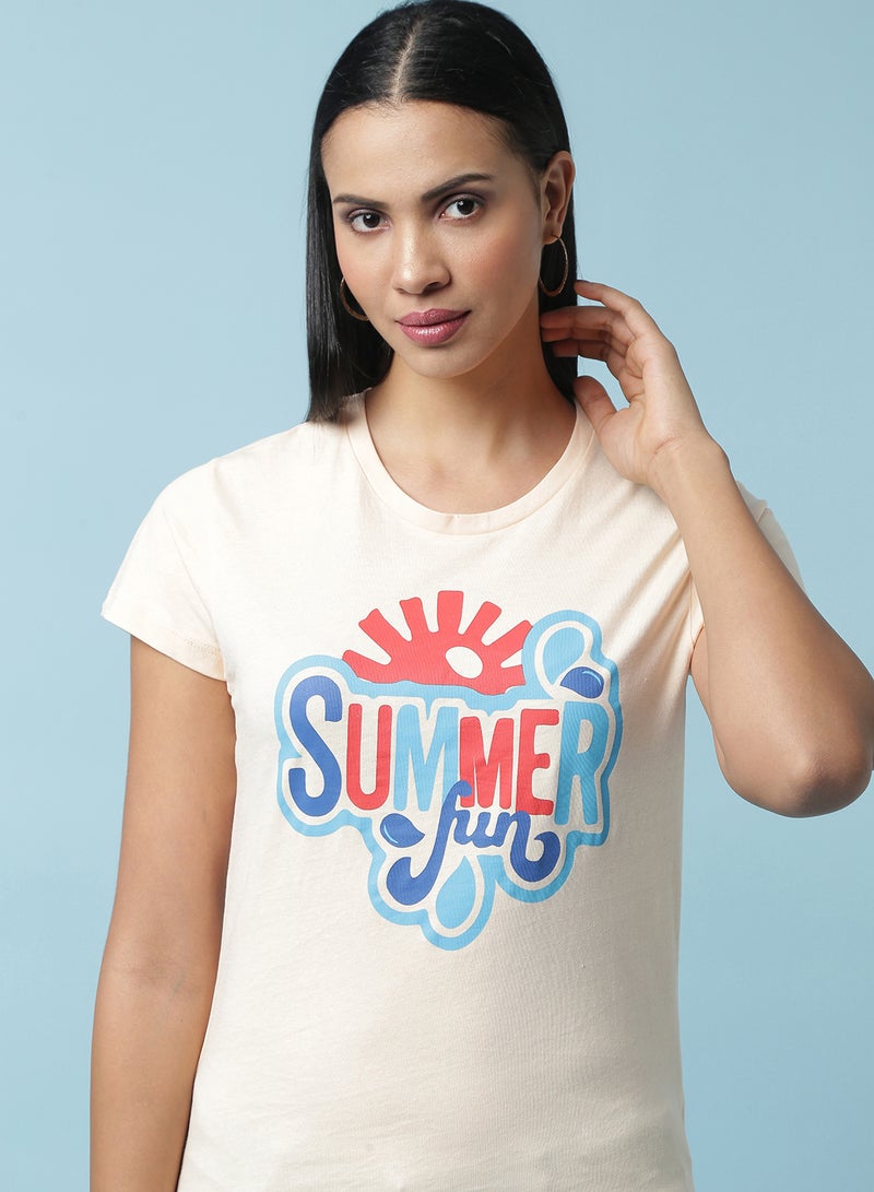 Aila Round Neck Printed T-Shirt Beige - Image 4