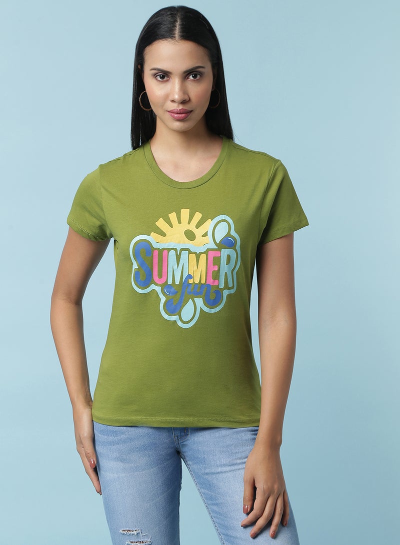 Round Neck Printed T-Shirt Olive