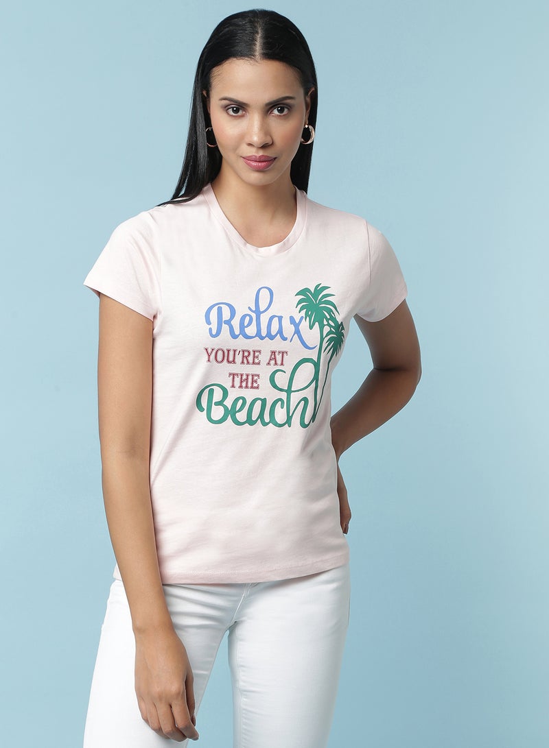 Aila Round Neck Printed T-Shirt Baby Pink - Image 1