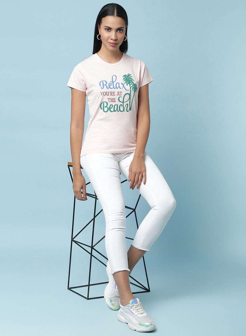 Aila Round Neck Printed T-Shirt Baby Pink - Image 3