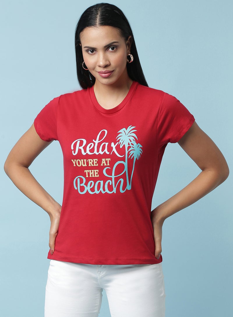 Aila Round Neck Printed T-Shirt Red - Image 1
