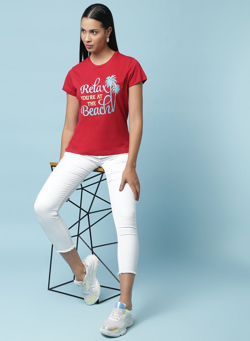 Aila Round Neck Printed T-Shirt Red - Image 3