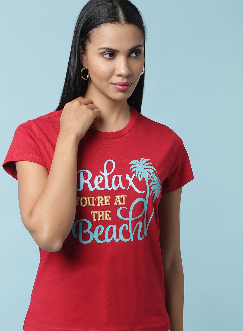 Aila Round Neck Printed T-Shirt Red - Image 4