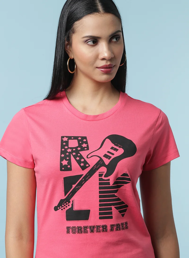 Aila Round Neck Printed T-Shirt Pink