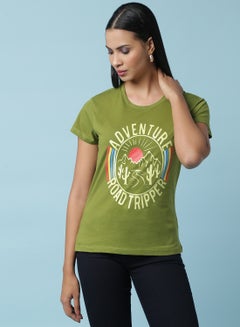 Aila Round Neck Printed T-Shirt Olive  - Image 1