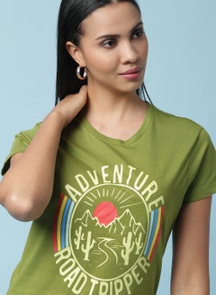 Aila Round Neck Printed T-Shirt Olive  - Image 4