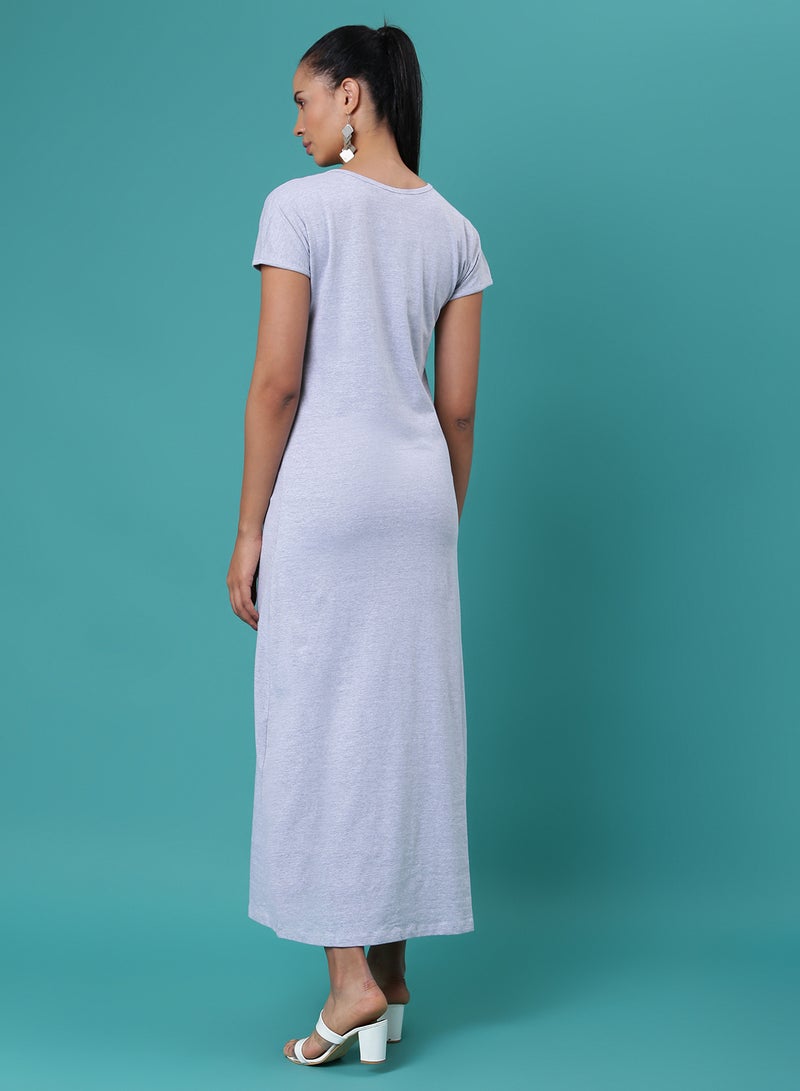Aila - Solid Pattern Long Evening  Maxi T-Shirt Dress Oatmeal Melange - Image 1