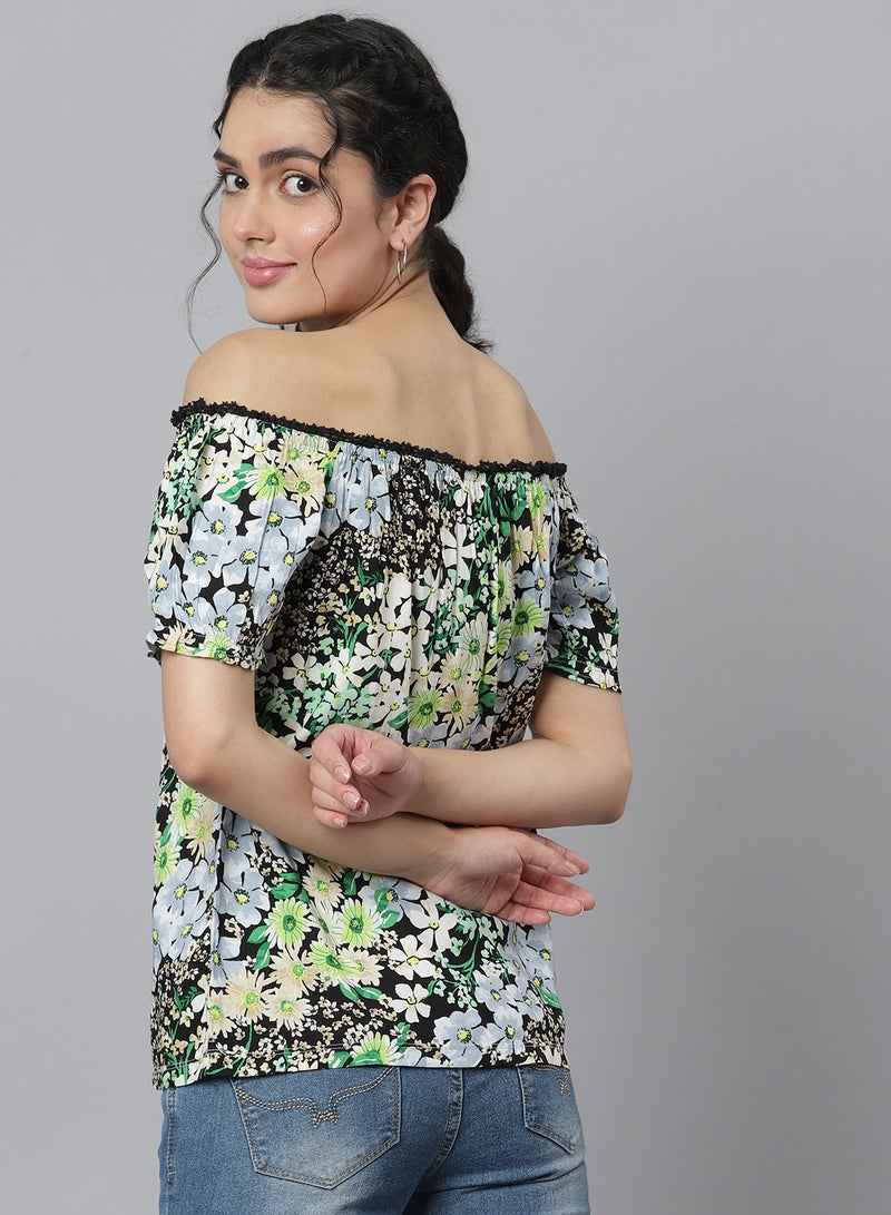Aila Off Shoulder Printed Top Black Multi  - Image 2