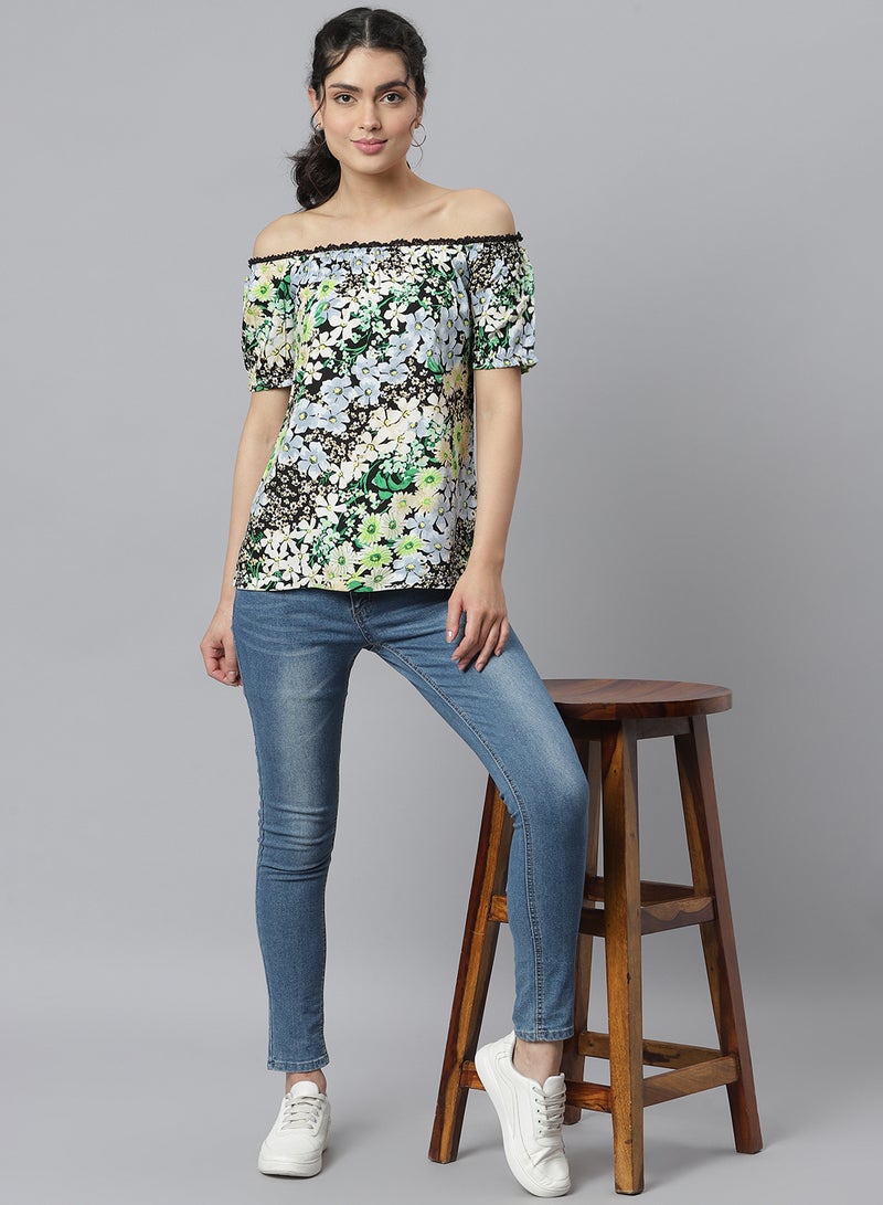Aila Off Shoulder Printed Top Black Multi  - Image 3