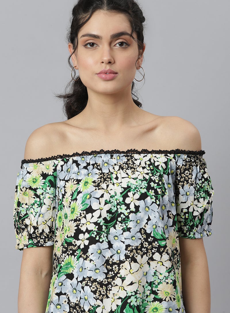 Aila Off Shoulder Printed Top Black Multi  - Image 4