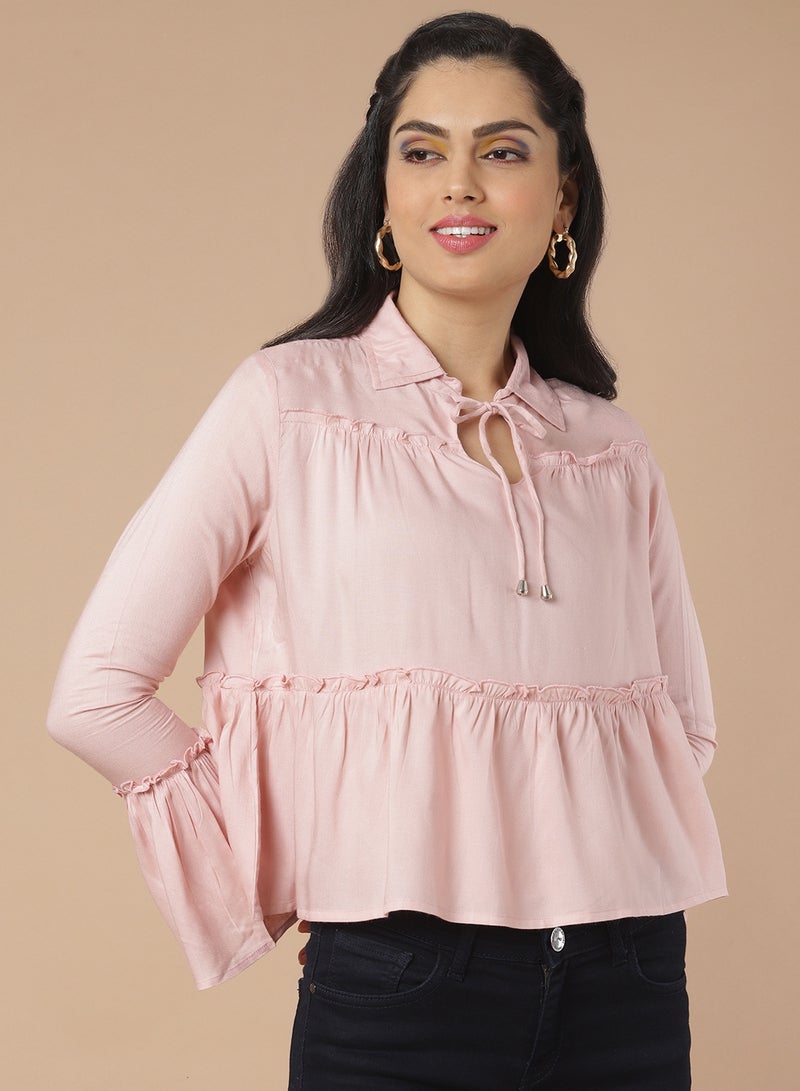 Aila Solid Pattern Bell Sleeve Top Mauve  - Image 1