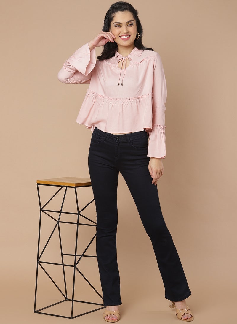 Aila Solid Pattern Bell Sleeve Top Mauve  - Image 4