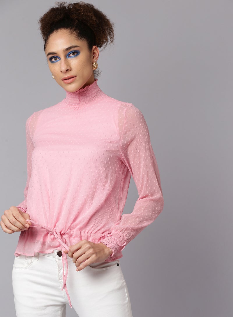 Aila Dot Printed Ruched High Neck Top Hot Pink  - Image 1