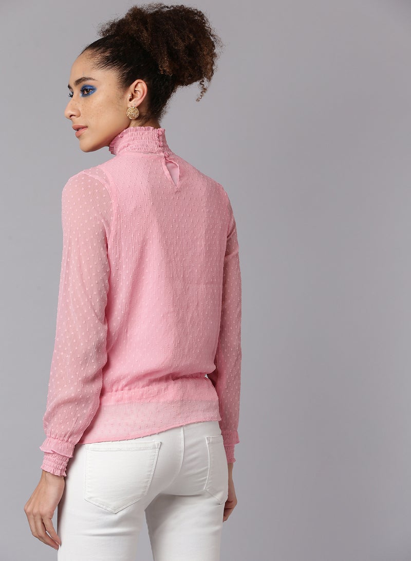 Aila Dot Printed Ruched High Neck Top Hot Pink  - Image 3