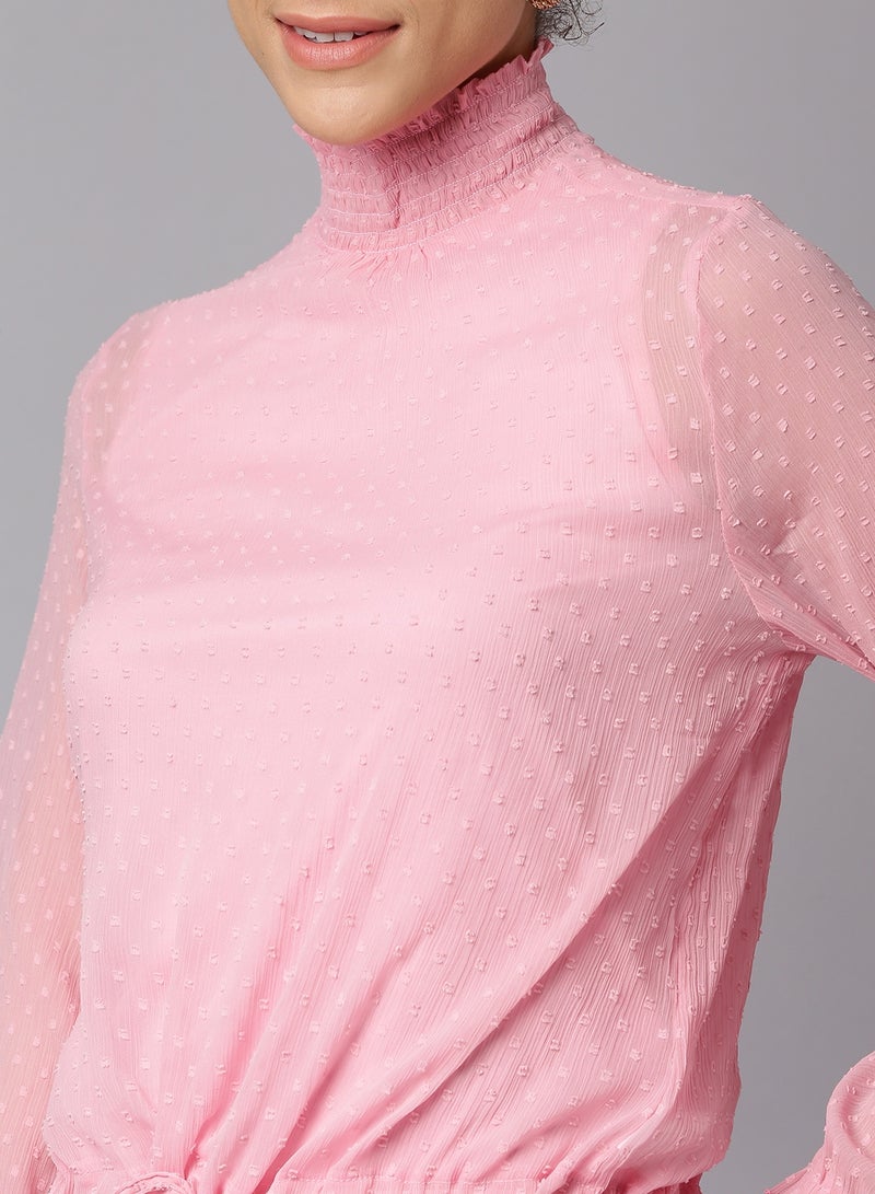 Aila Dot Printed Ruched High Neck Top Hot Pink  - Image 5