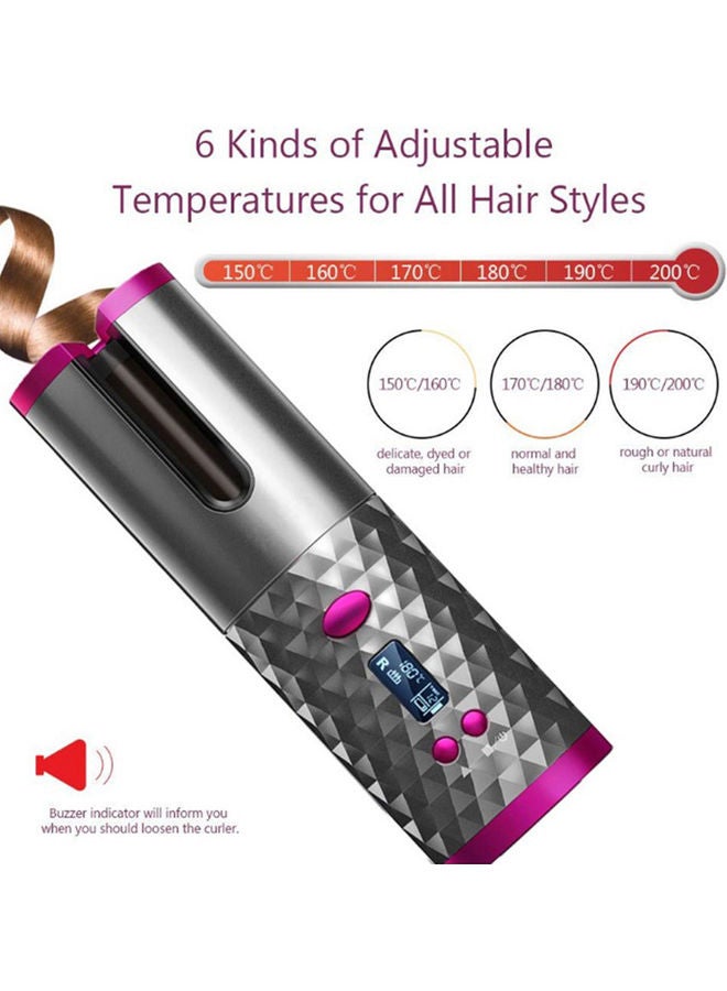 Wireless Automatic Portable Ceramic Barrel Hair Curling Wand With LCD Display Grey/Pink