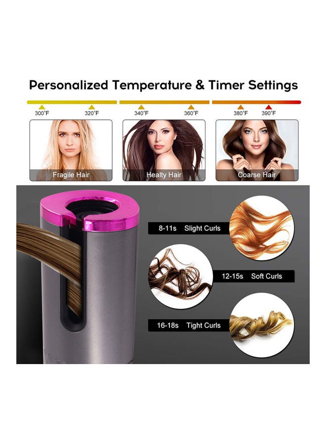 Wireless Automatic Portable Ceramic Barrel Hair Curling Wand With LCD Display Grey/Pink
