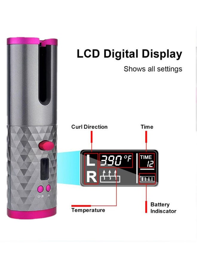 Wireless Automatic Portable Ceramic Barrel Hair Curling Wand With LCD Display Grey/Pink