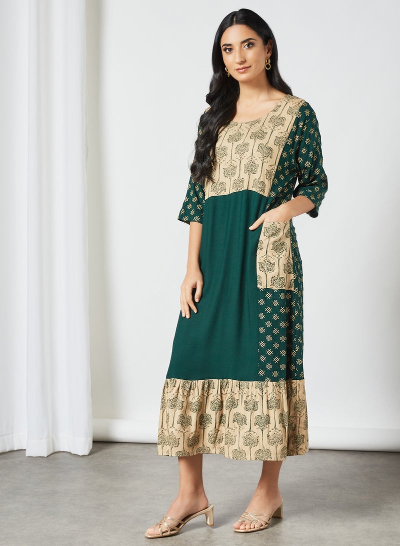 HANA & SARA - Printed Pocket Detail Round Neck Midi Dress Multicolour - Image 1