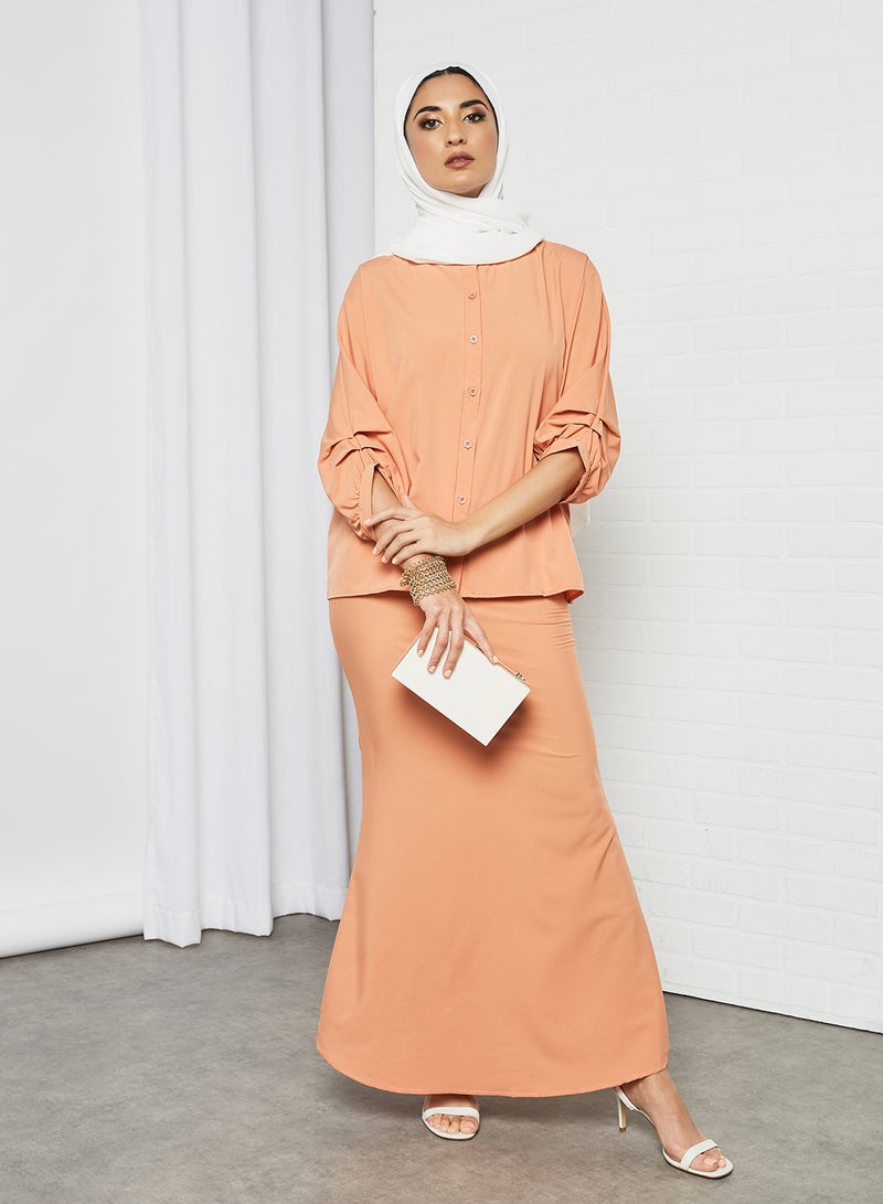 RAHA - Chinese Collar Batwing Sleeve Modest Top Orange - Image 1