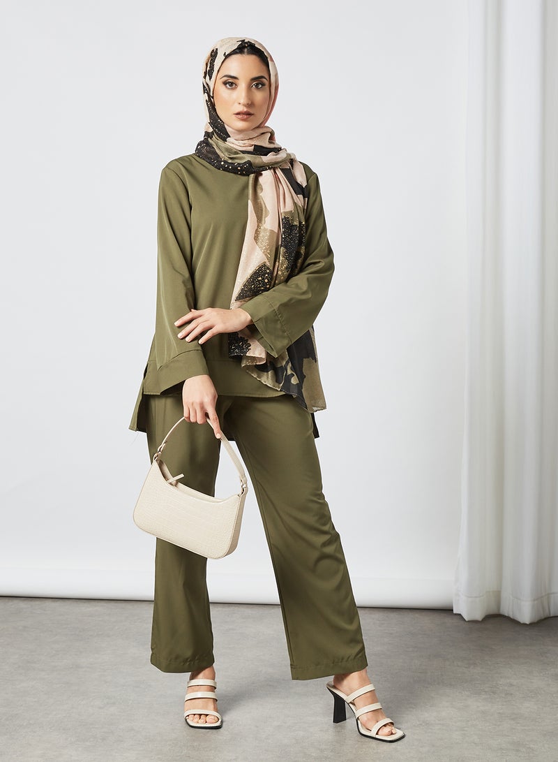 RAHA - Comfortable Elastic Waist Modest Pants Green - Image 1