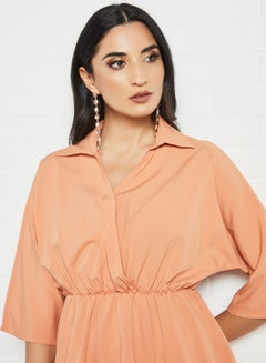 RAHA Collared  Neckline Elastic Waist Modest Top Orange  - Image 4
