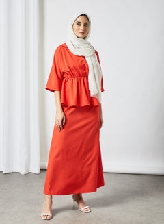RAHA Collared  Neckline Elastic Waist Modest Top Red  - Image 2