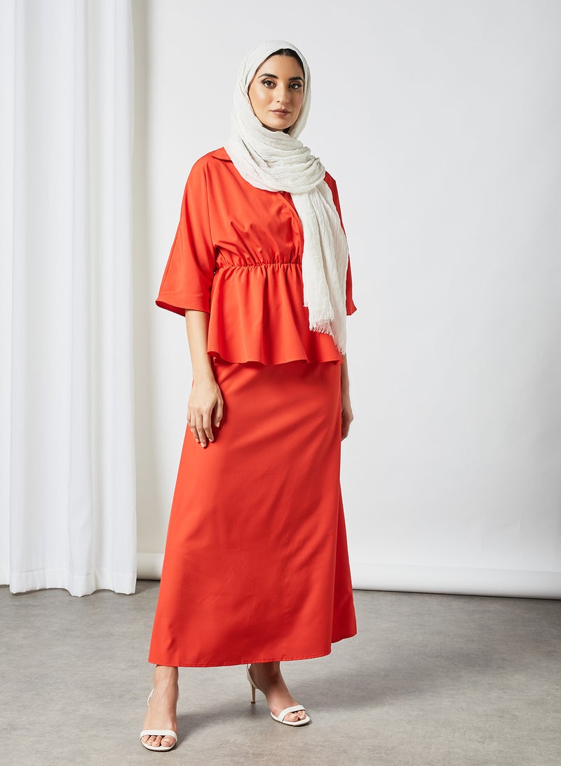 RAHA - Collared  Neckline Elastic Waist Modest Top Red - Image 1