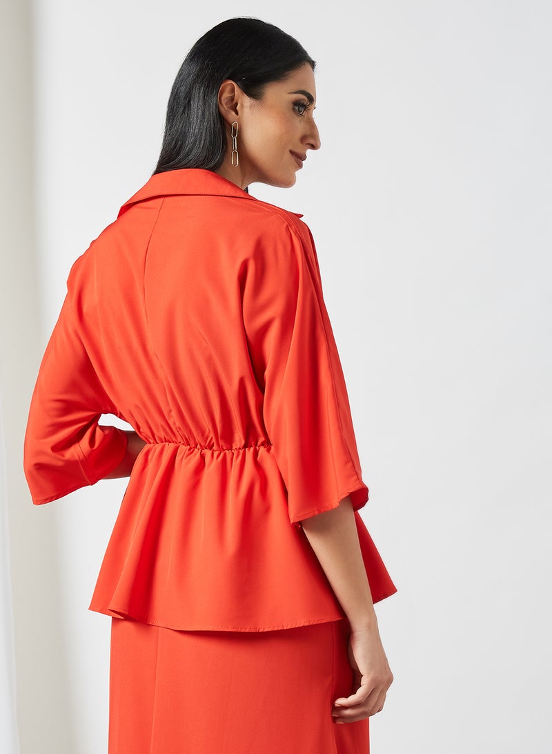 RAHA - Collared  Neckline Elastic Waist Modest Top Red - Image 1