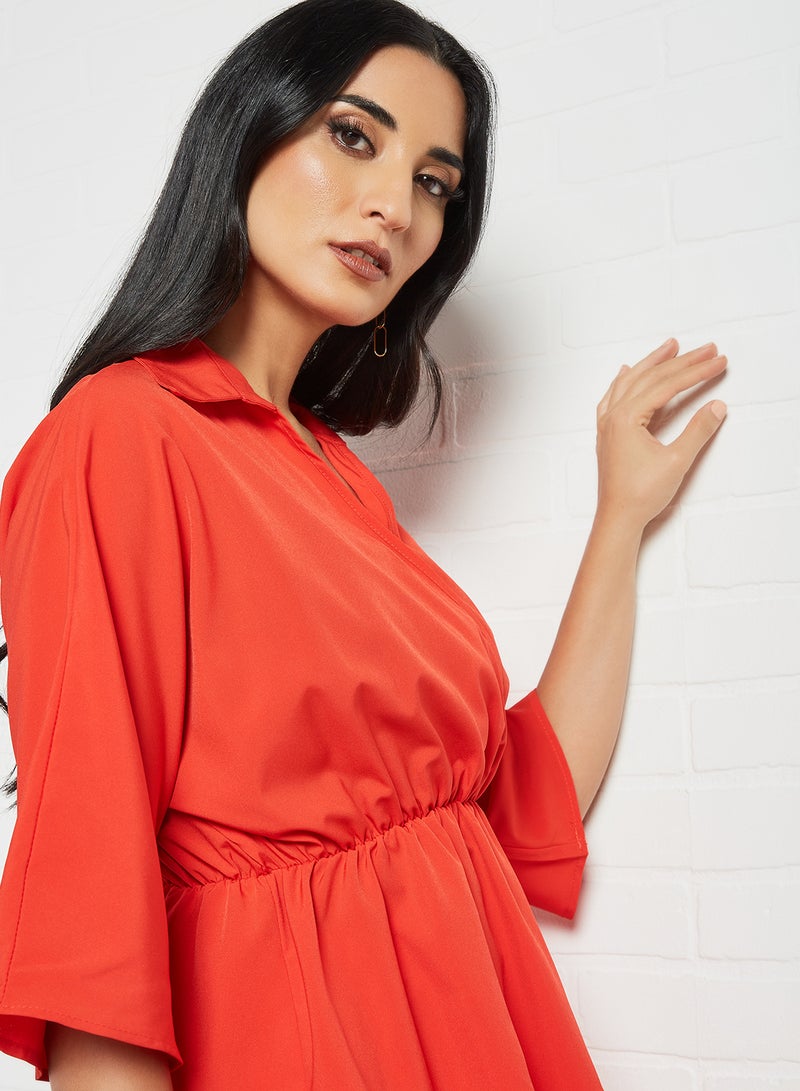 RAHA - Collared  Neckline Elastic Waist Modest Top Red - Image 1