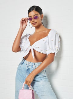 Charlie Holiday. Floral Detail Tie Top White  - Image 1