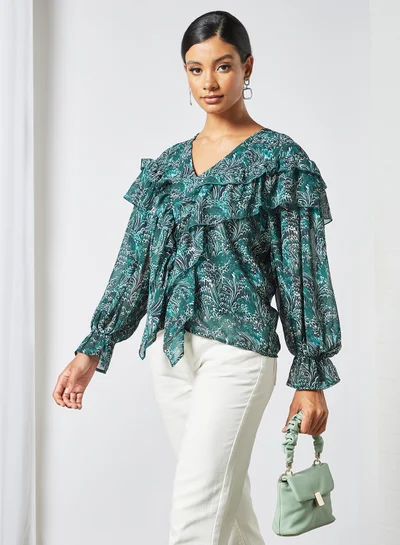 VERO MODA Ruffle Detail Top Green
