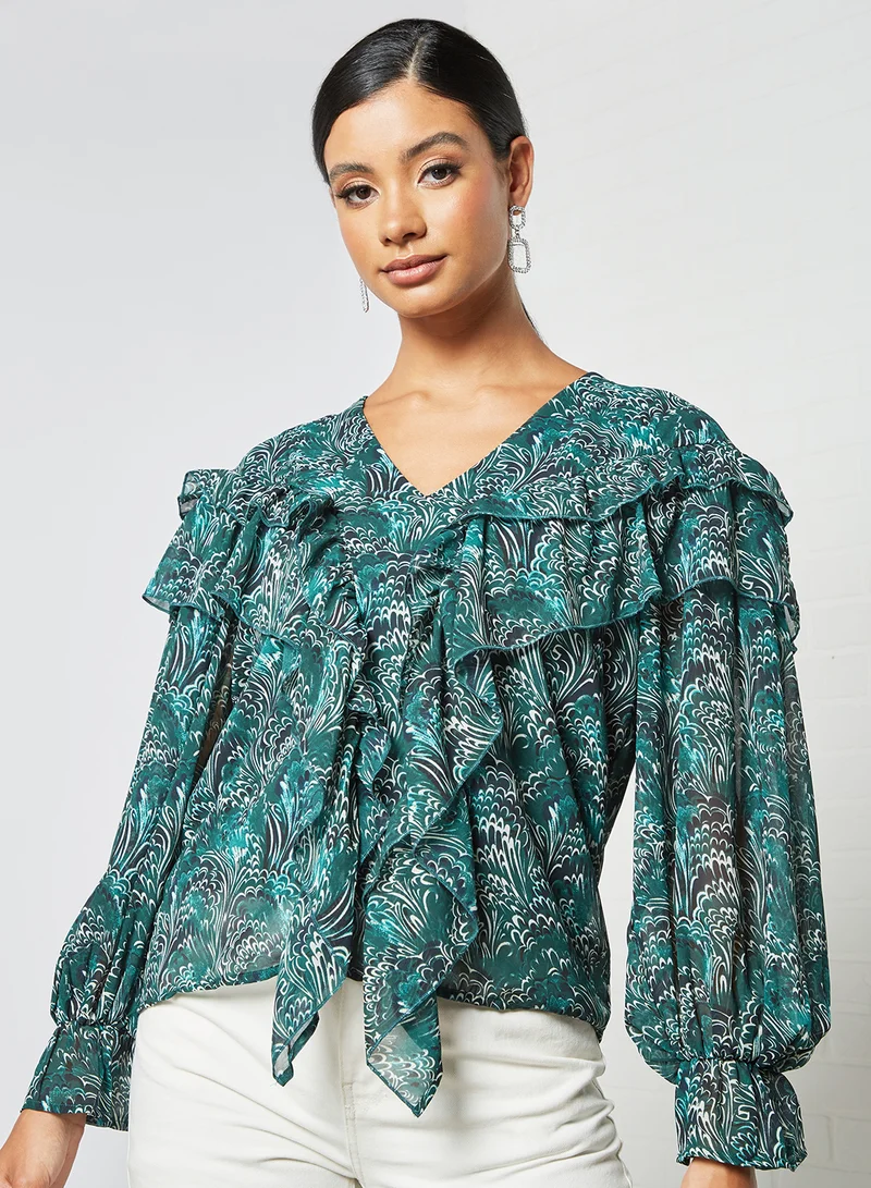 VERO MODA Ruffle Detail Top Green