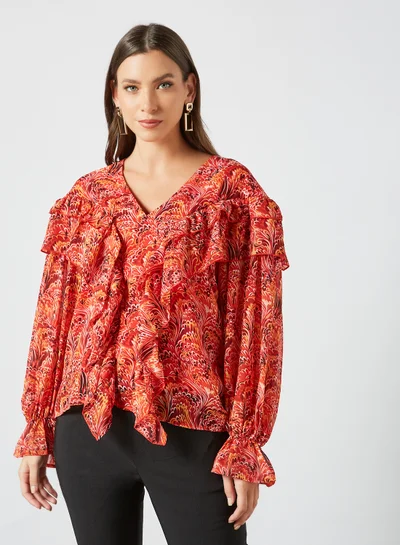 VERO MODA Printed Ruffle Detail Top Red