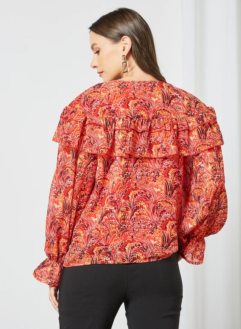 VERO MODA Printed Ruffle Detail Top Red