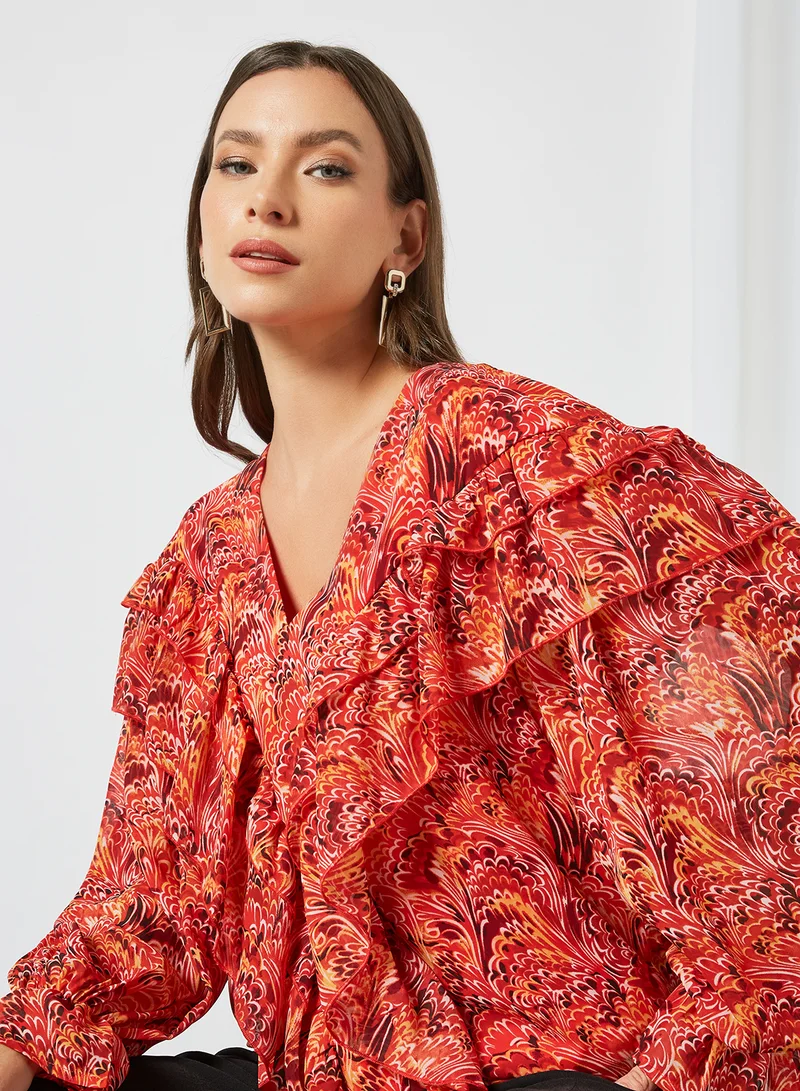 VERO MODA Printed Ruffle Detail Top Red