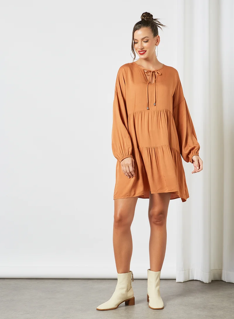 LABEL RAIL Tiered Mini Dress Brown